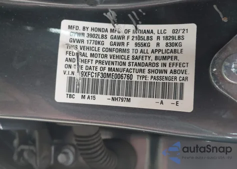 2021 Honda Civic Ex z USA, uszkodzony, nr VIN 19XFC1F30ME006760